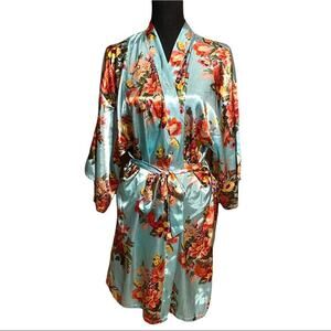 Satin Floral Knee Length Tie Wrap Robe Kimono Sleeve Women's OS